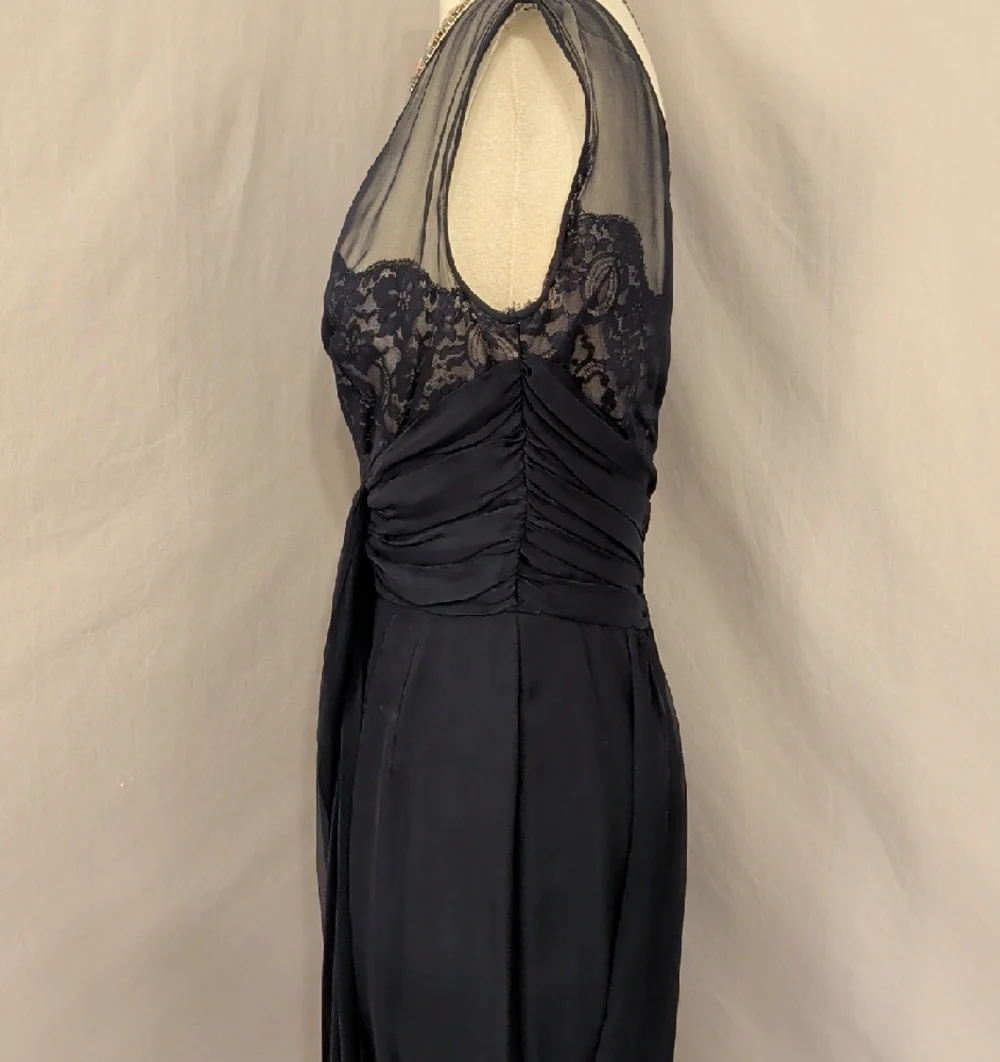 40s 50s Elegant Navy Sheer Lace Yoke Chiffon Drapef Bubble Hem Cocktail Dress - Picture 4 of 16